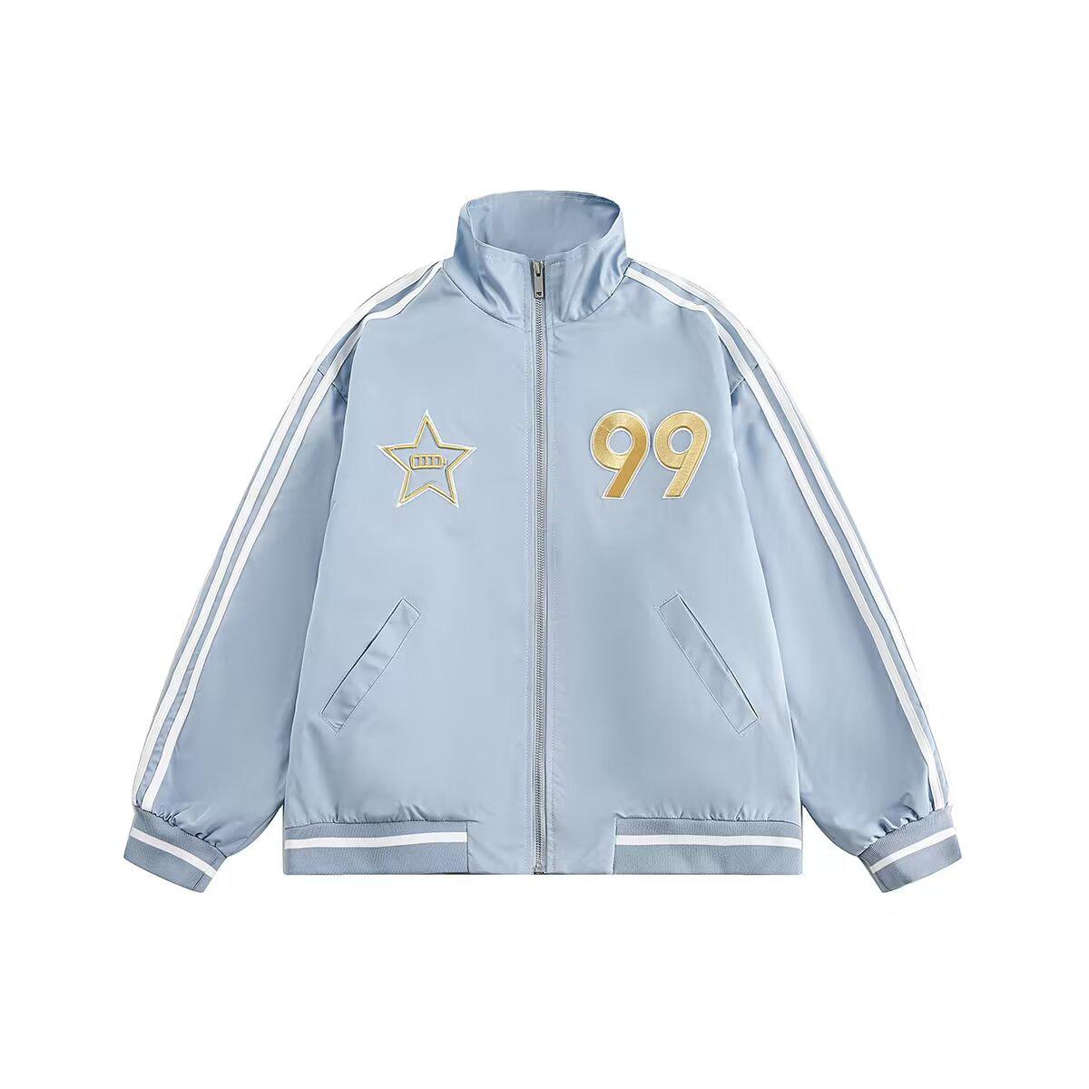 Women s Retro College Baseball Jacket - American Style, Embroidered, Stand Collar, Spring/Autumn L светло-синий