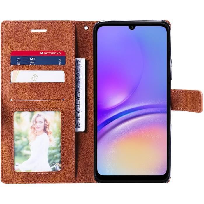 Coque pour Samsung Galaxy A05, Marron - Protection Cuir PU et Antichoc TPU avec Porte-Cartes (pas pour Galaxy A05s)