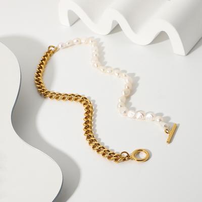 European and American Classical OT Buckle Cuban Chain Freshwater Necklace Pearl Stainless Steel Half Chain Half Pearl Splicing Necklace
