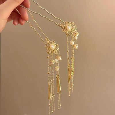 Elegant Dunhuang-Style Golden Imitation Pearl Tassel Hairpin