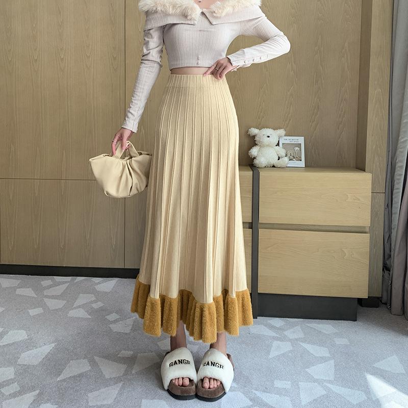 

Свободная трикотажная юбка полудлины для женщин, осень-зима, новый милый стиль, А-силуэт, эластичная талии, плиссированная юбка, узкая шерстяная юбка, розовая, черная One Size светло-желтого