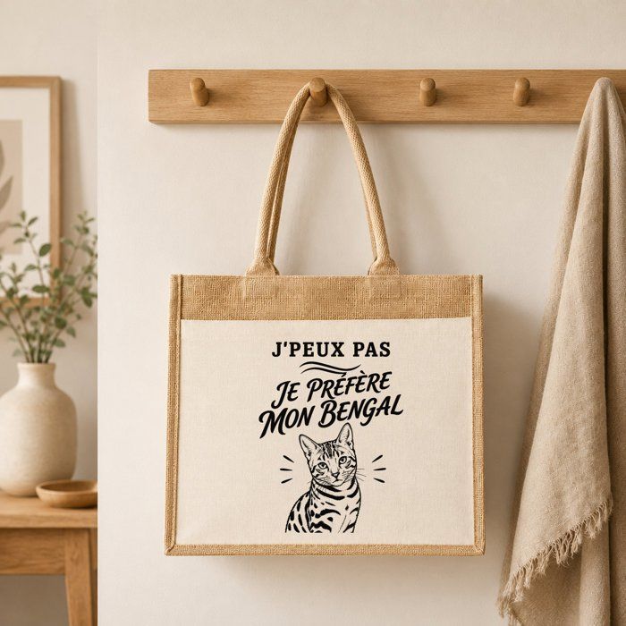 Sac cabas - PLANETEE - Collection « J'peux pas minimaliste » - Toile de jute & coton - 21 L (43×33×21 cm) - Illustration noire