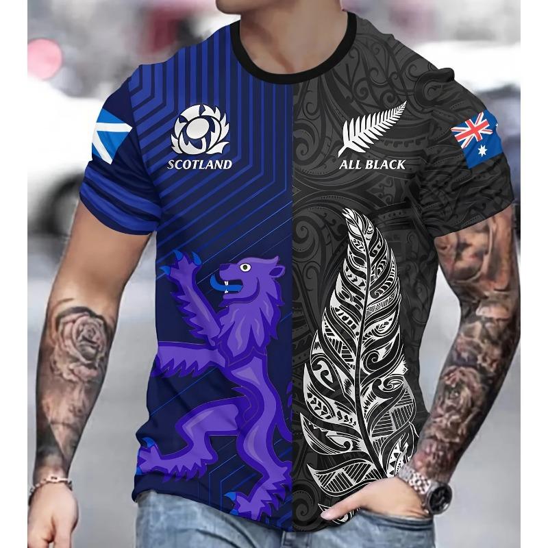 T-shirt Grafica da Uomo a Stampa 3D Integrale - Camicia Fusione Culturale Scozia Nuova Zelanda con Leone Floreale Blu su Entrambi i Lati, Leggera