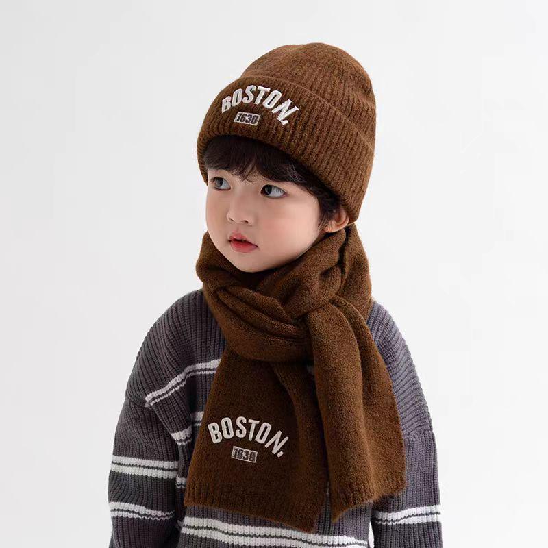 Children’s Korean-Style Knit Hat & Scarf Set with Warm Embroidery