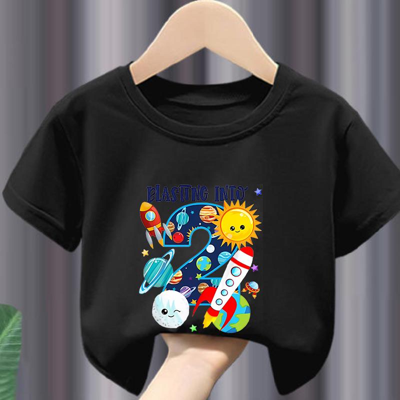 New Boys and Girls Clothing Outer Space Rocket Planet Printed Childrens Tshirt Birthday Round Neck Summer polyester fabric