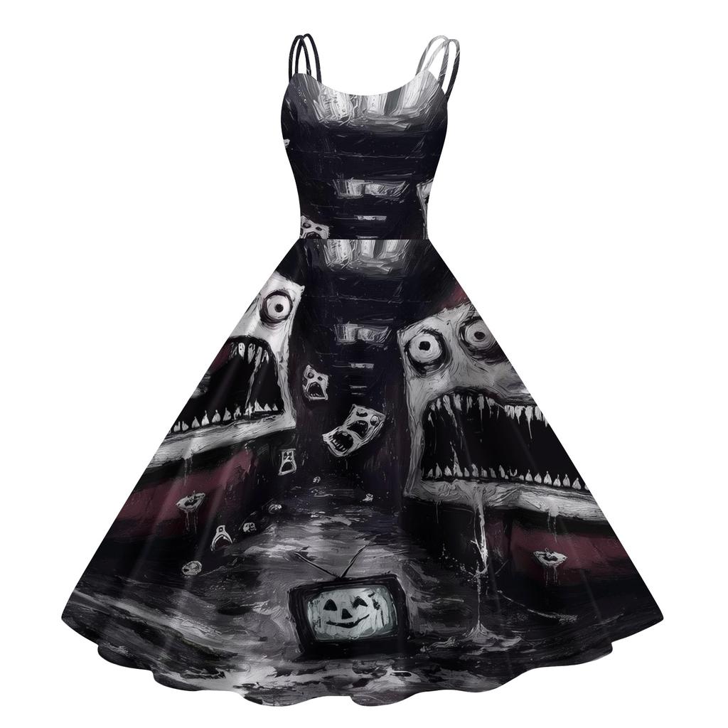 Women's Halloween Printed Off-Shoulder Spaghetti Strap Dress for Party and Costume