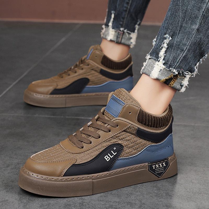 High-top board shoes men's autumn 2024 new casual flat men's shoes stitching versatile sports trendy shoes students and teenagers