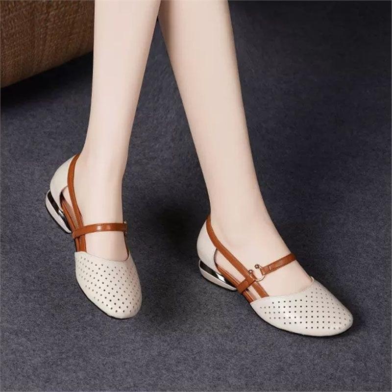 Broken size leather hollow bag head sandals women's summer soft leather soft sole round head mother low heel women's single shoes