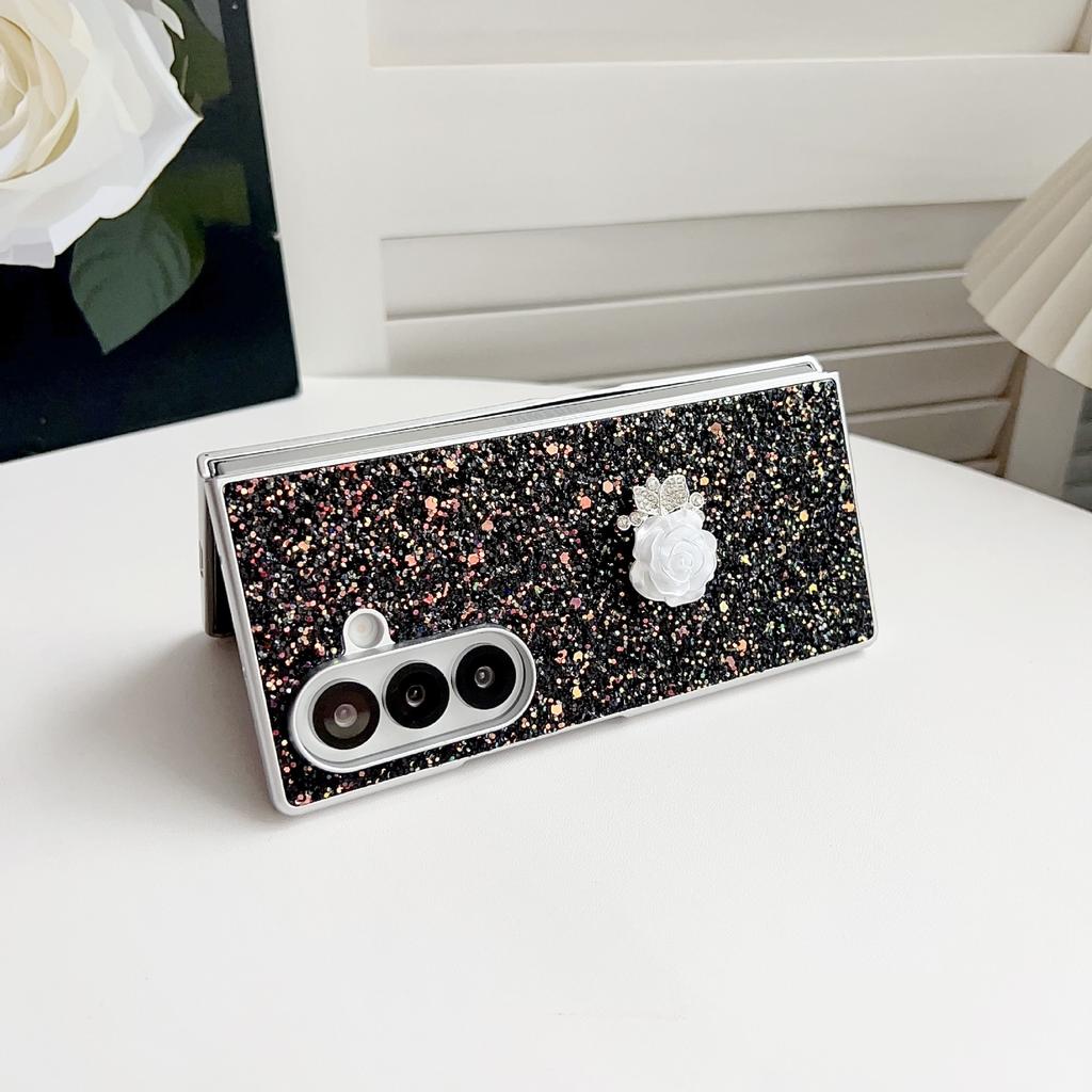 Phantom Glitter Pink White Rose Mobile Phone Case Is Suitable for Samsung Z FOLD7/6/5th Generation Folding Protective Case, Luxury and Anti-drop.