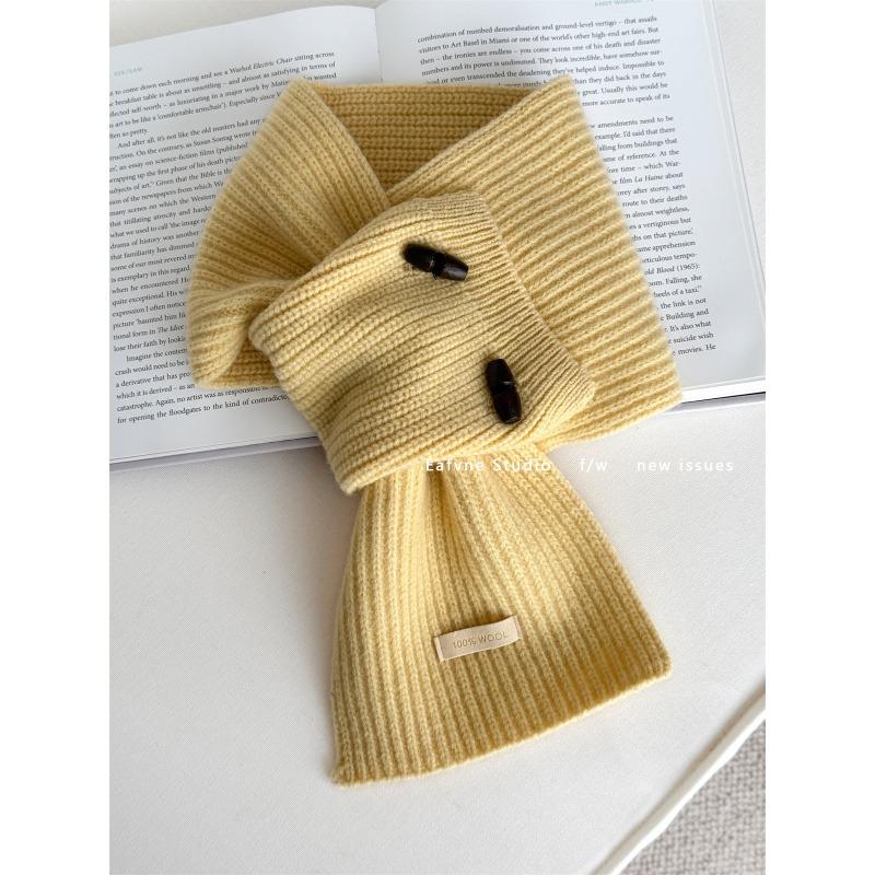 Pure Wool Horn Button Scarf Solid Color Small Scarf Cross Ladies Lazy Warm Autumn and Winter Collar