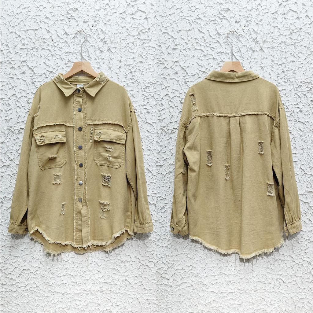 Ny 2023 Dame Høst/Vinter Denim Cardigan - Ensfarget, Enkeltradet Skjortejakke med Nedslått Krage