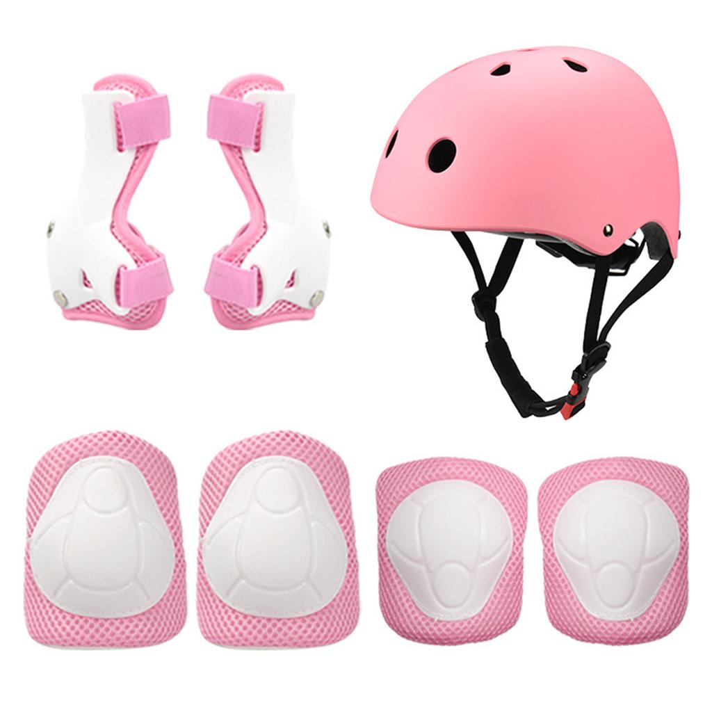 7pcs Skiing Protective Gear Extreme Sport Helmet Knee Wrist Pad Handguard (Pink)