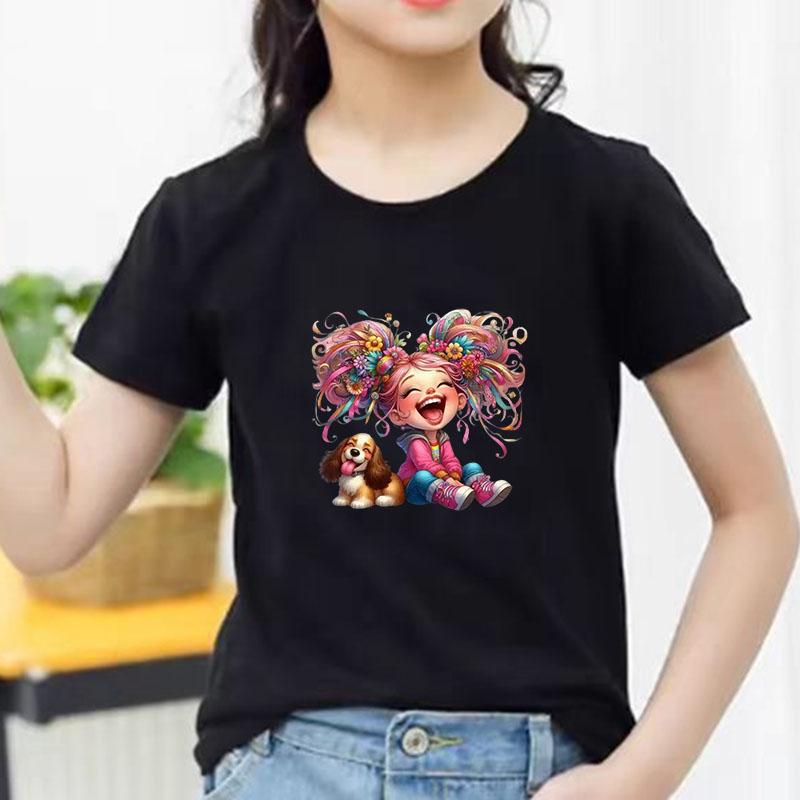 Kids Cotton T Shirt Rainbow Hair Laughing Girl Sitting With Puppy Print Crew Neck Short Sleeve Tee Casual Boys Girls Summer Tops