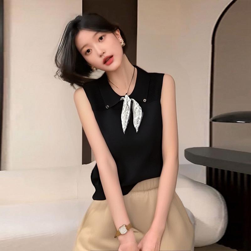 Fashionable And Casual Contrasting Navy Collar Knotted Sweet Loose Sleeveless Vest