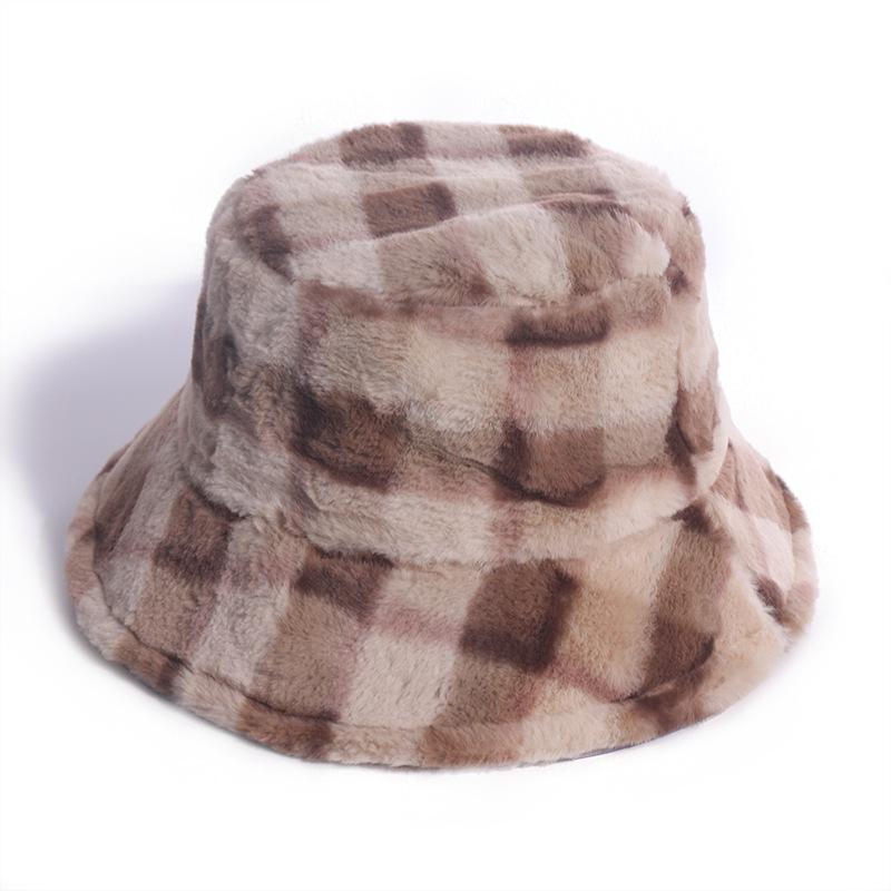 2025 Autumn and Winter On the New Plaid Bucket Hat Korean Version of Rabbit Fur Plush Travel Warm Versatile Chi Tide Basin Hat