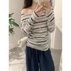 Spring Autumn One Word Collar Vintage Striped Printing Long Sleeve T-shirt Women Loose Casual All-match Tee Top