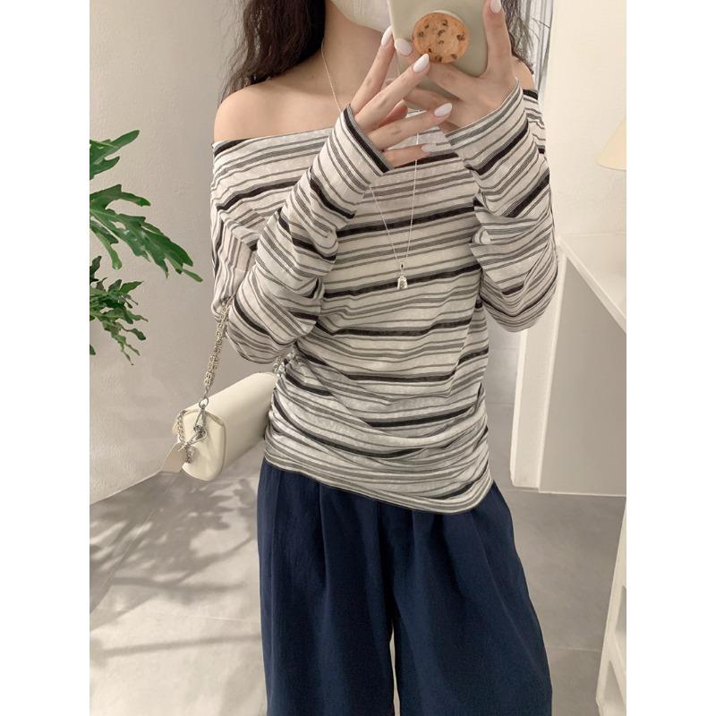 Spring Autumn One Word Collar Vintage Striped Printing Long Sleeve T-shirt Women Loose Casual All-match Tee Top