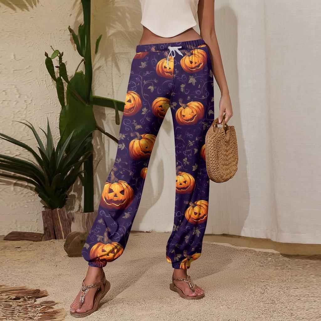 Women's Halloween Print Joggers with Drawstring Elastic Waistband and Cuffed Hem for Casual Everyday