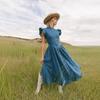 Rochie de damă stil vacanță, albastră idilică, cu guler drept, imitație denim, mâneci tip frunză de lotus, cu design cu nasturi pe față