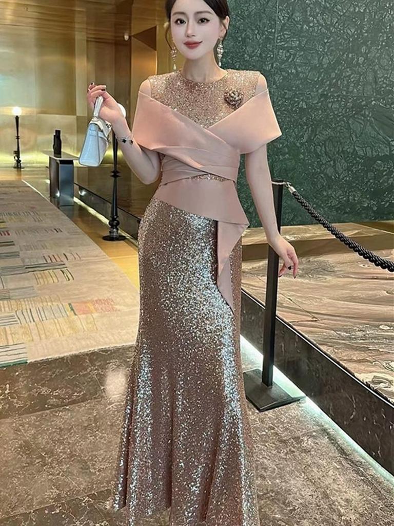 Nanyou Elegant Off-Shoulder Mermaid Sequin Evening Dress for Weddings & Banquets