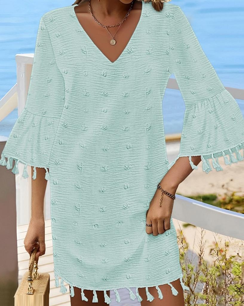 New, spring and summer solid color simple v-neck medium sleeve loose fringed dress women