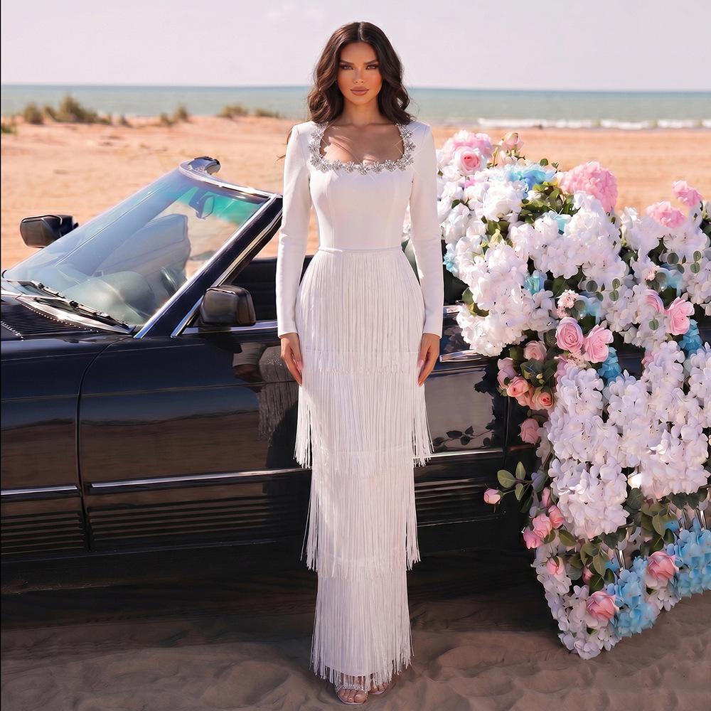 European & American Tassel Long Sleeve Bandage Evening Dress