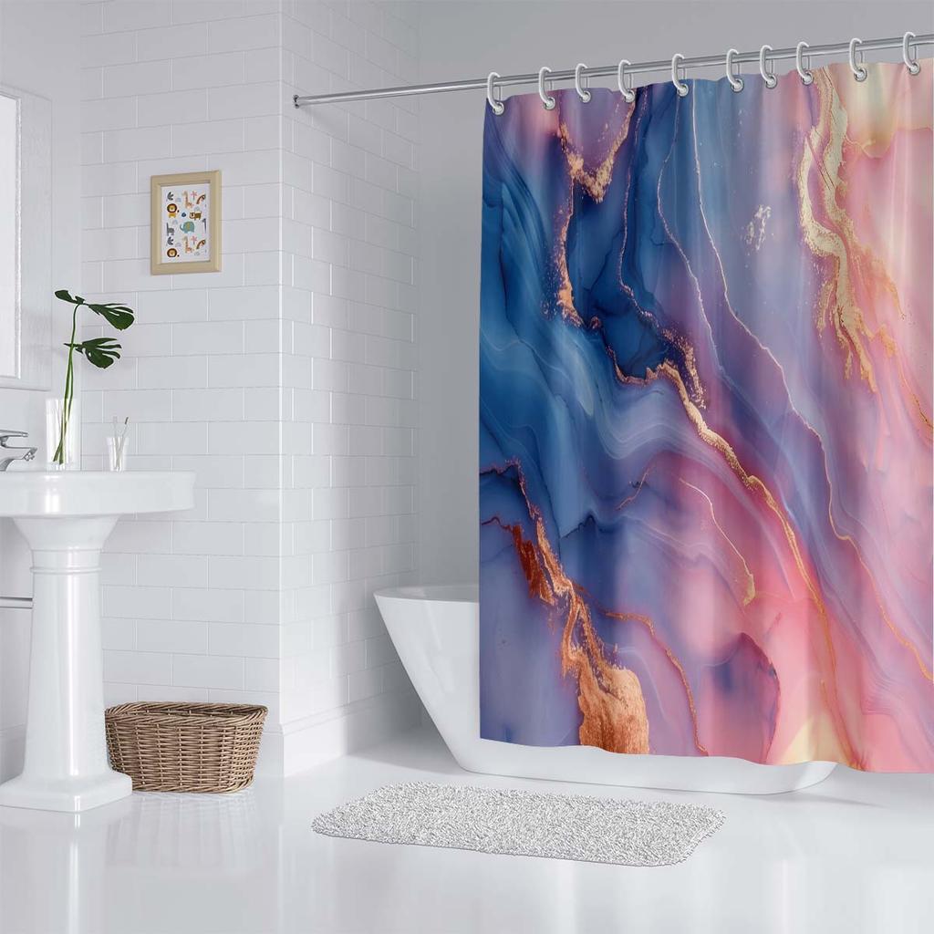 1pc Pink Marble Printed Waterproof Shower Curtain Shower Partition Hanging Curtain with 12 Hooks Multiple Sizes Easy To Install