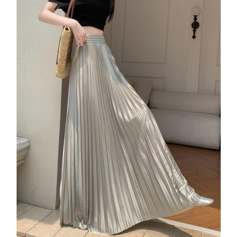 Léto Podzim Dámská Elegantní Jednobarevná Elastická Dlouhá Maxi Plisovaná Sukně Pro Dámu