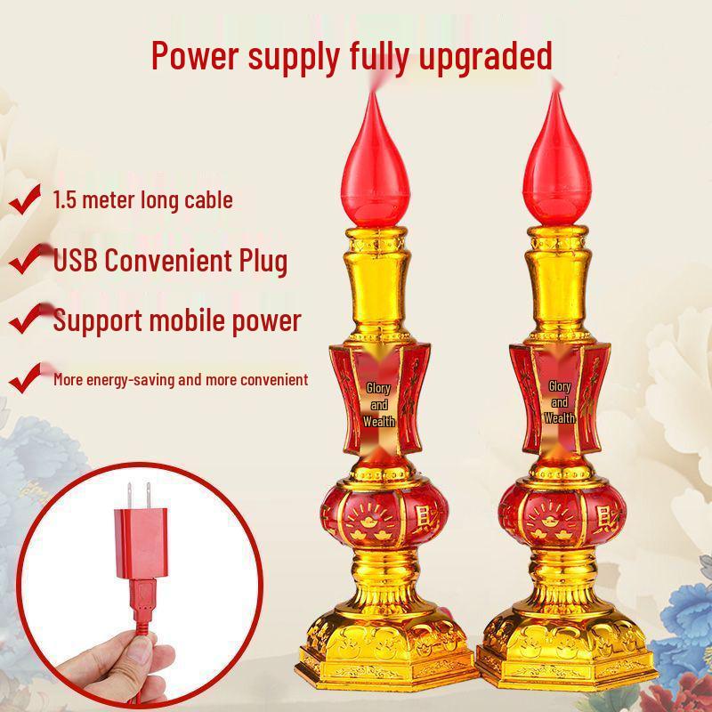 God of Wealth LED Candle Lights: USB-Powered Long-Lasting Crystal Buddha Lamp Pair