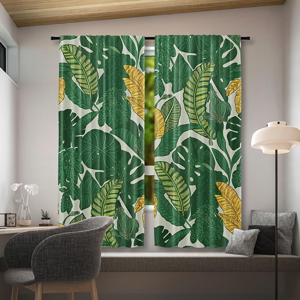 2pcs Palm Leaf Print Rod Pocket Curtains, Woven Polyester Pongee, Semi-Sheer Roller Embossed Drapes, Contemporary Style, Machine