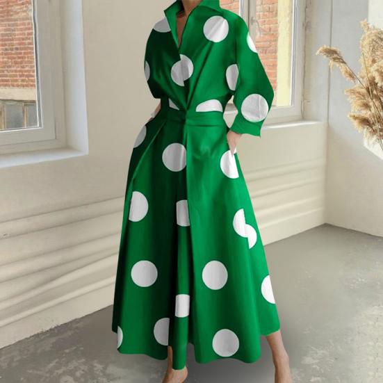 Women's Boho One Button Wrap Shirt Dress Polka Dots Print Long Sleeve Maxi Dress Lapel Collared V-neck Long Swing Dress