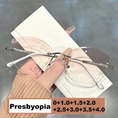 Fashion Reading Glasses Luxury Diamond Far Sight Hyperopia for Men Women Rimless Blue Light Blocking Eyeglasses 0+1.0+4.0