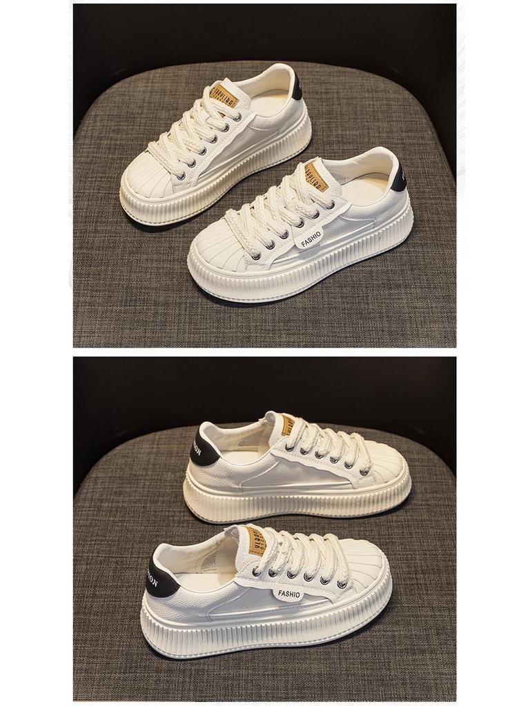 Adidași de damă din piele naturală cu vârf tip scoică, albi, cu tălpi groase, pentru primăvara 2025