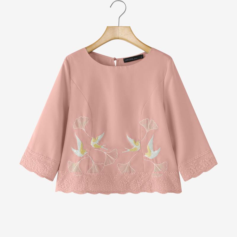 ZANZEA Women Casual Round Neck Loose Embroidery 3/4 Sleeve Blouse