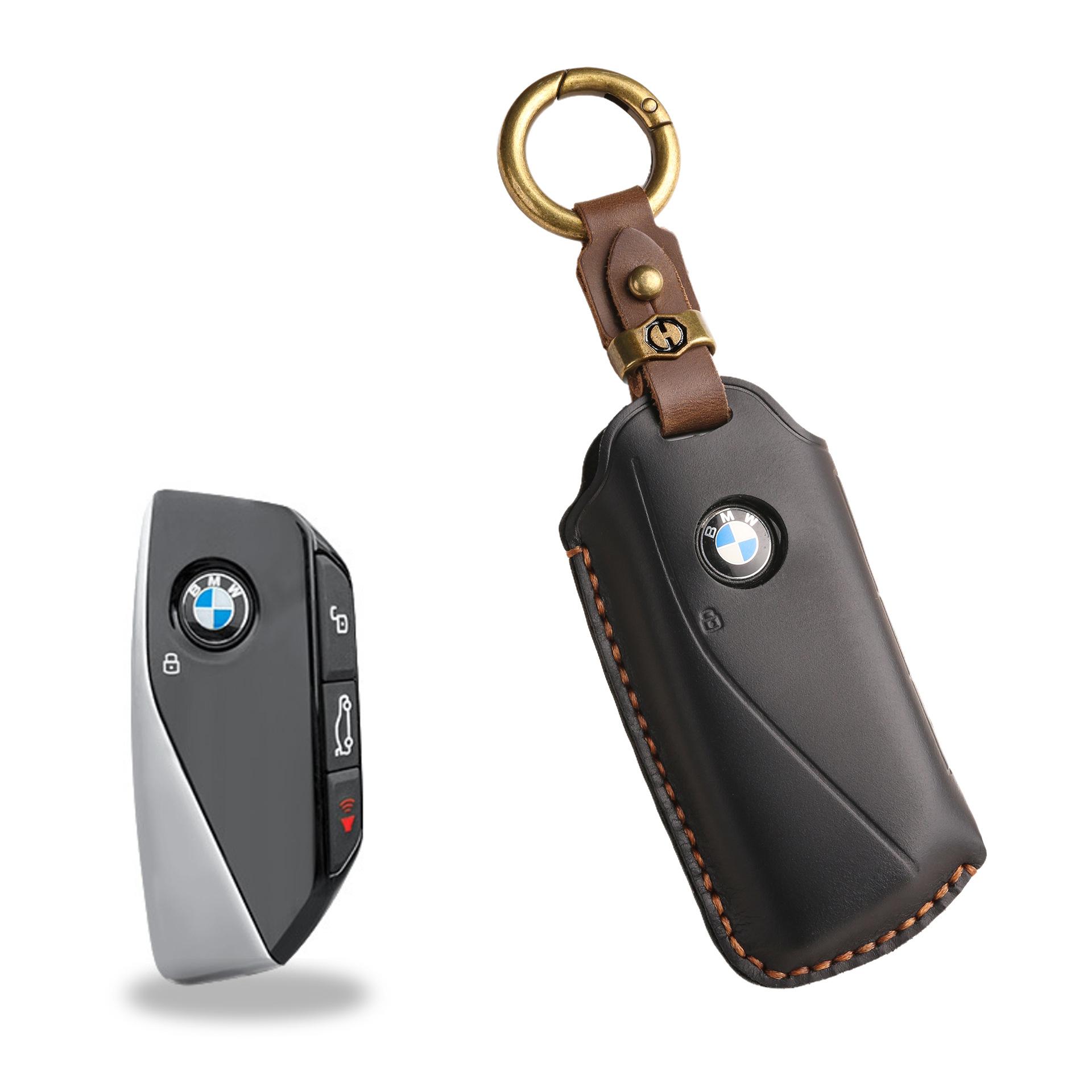 

Retro leather key cover is suitable for BMW real cowhide new shell handmade key special protection shell ring чёрный