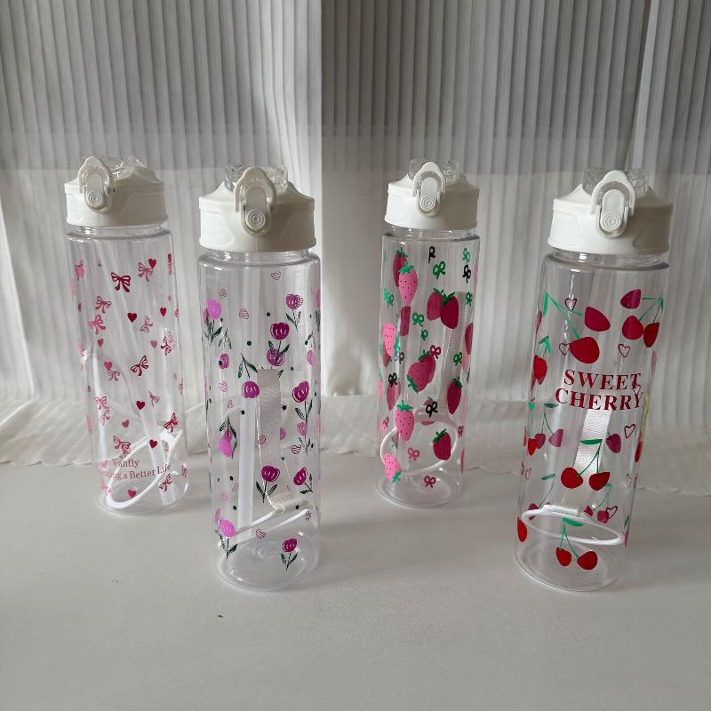 750Ml White Water Bottle Full Printed Cartoon Strawberry Bow Flower Fade Resistant Leakproof Reusable Stylish Cup For Sports