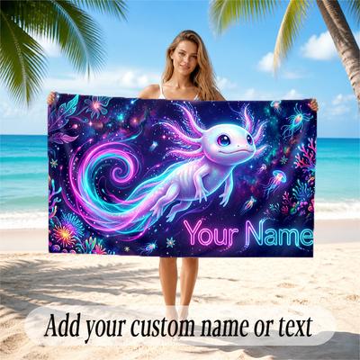 Axolotl Theme Quick Dry Beach Towel Custom Name Text Print Large Sand Resistant Towel Beach Vacation