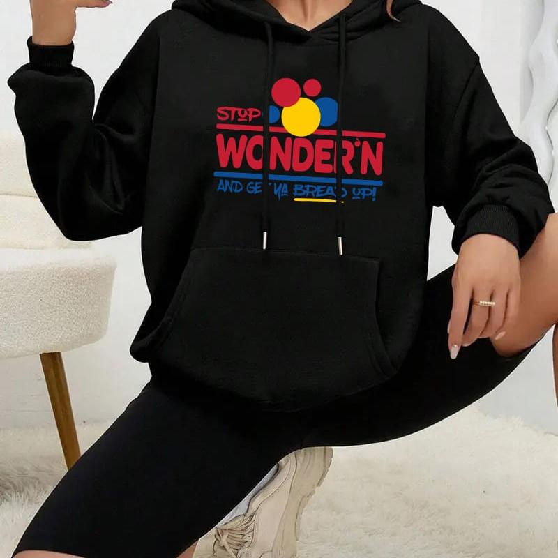 Printed Women s Hooded Sweatshirt, Casual Loose Fit XXL чёрный