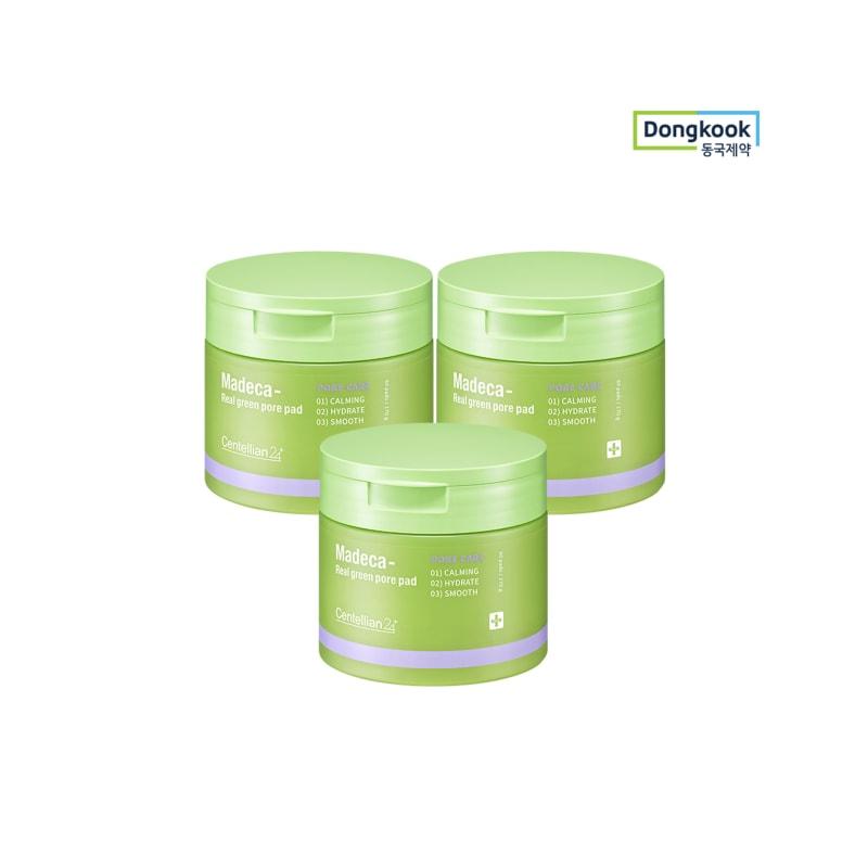 Madeca Real Green Pore Pads (60 Sheets, 3 Packs) with Centella Asiatica Essence, Soothing, Cleaning, Tightening, and Brightening
