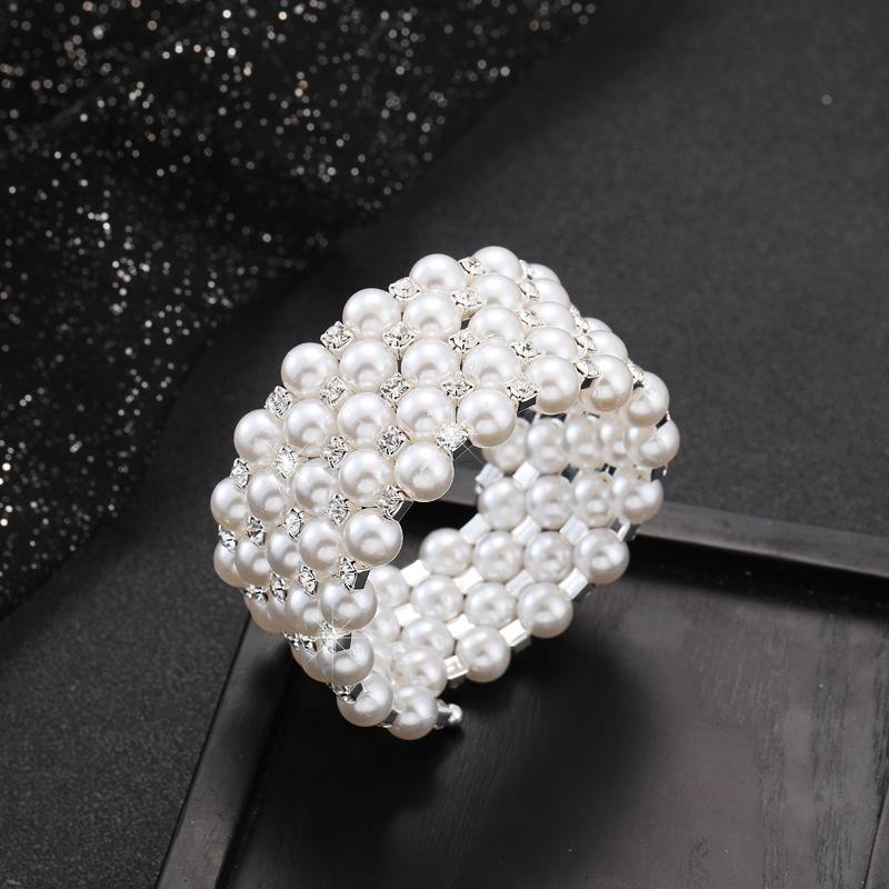 Multi-layer 8mm Pearl Rhinestone Bracelet, Bridal Full Diamond Elastic Bracelet Open Wound Diamond Bracelet