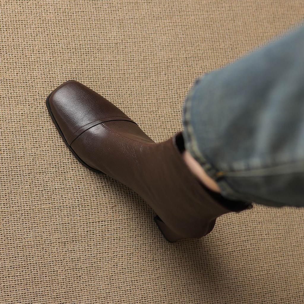 Krazing Pot Sheepskin Winter Square Toe Modern Boots Thick High Heels Zipper Women Ankle Boots