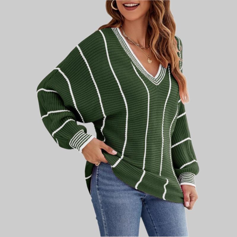 New Autumn and Winter Knitted Sweater Women's Top V-neck Contrasting Color Striped Pullover Loose Sweater Women