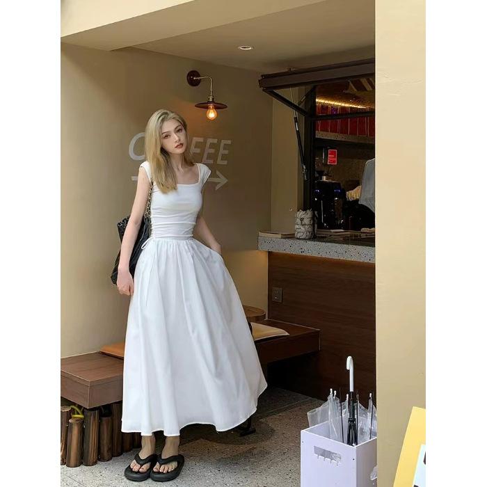 

Spring and summer new minimalist style high waist and thin hollow square neck splicing knitted long dress women 2XL білий