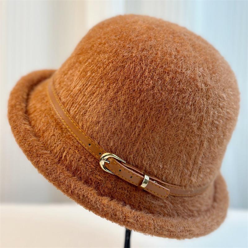 New Belt Buckle Wool Hat Women's Autumn and Winter Simple Top Hat Bucket Hat Dome Basin Hat