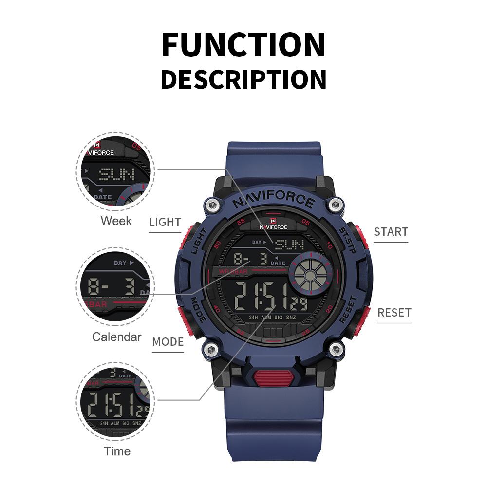Naviforce Original Men LCD Digital Watch Lightweight Silicone Strap Waterproof Calendar Date Chronograph Alarm Men Boys Outdoor Watch NF7133