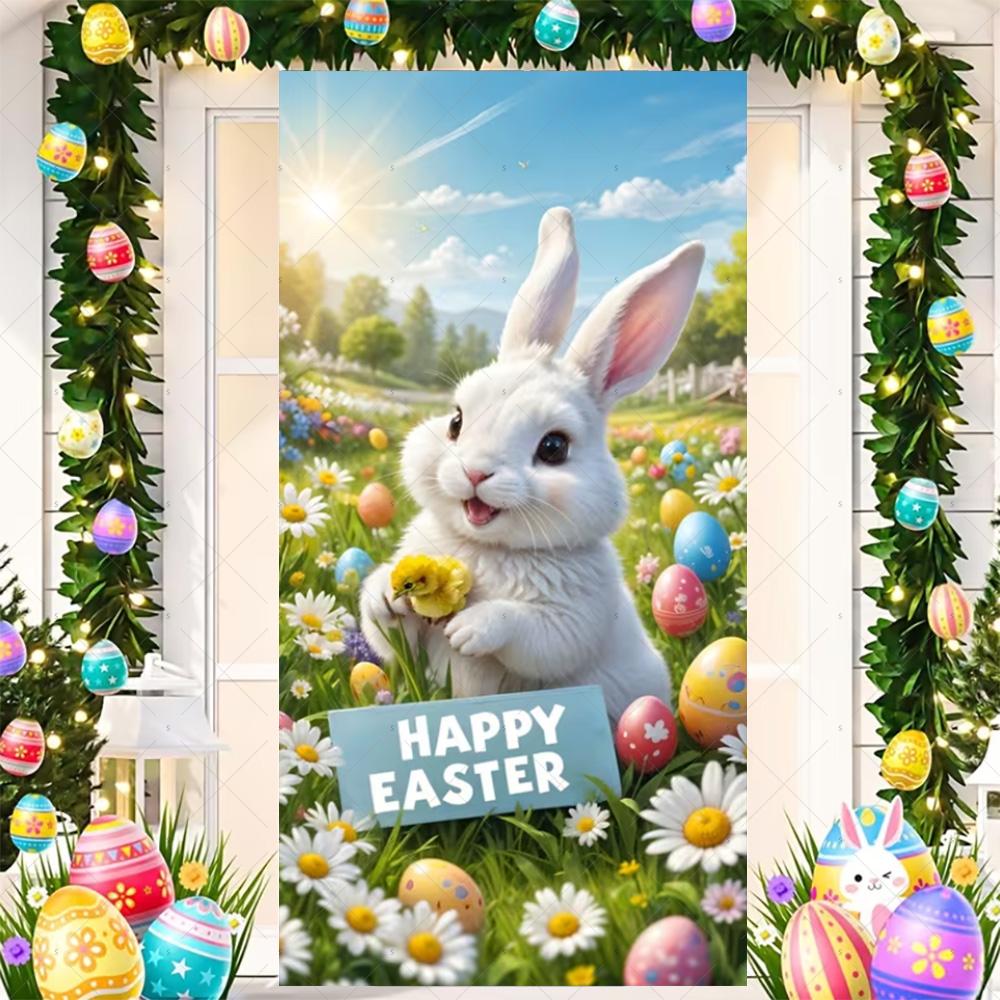 Happy Easter Cute Bunny Door Cover Backdrop Spring Garden Floral Easter Egg Background Easter Party Decoration Photo Shoot Props