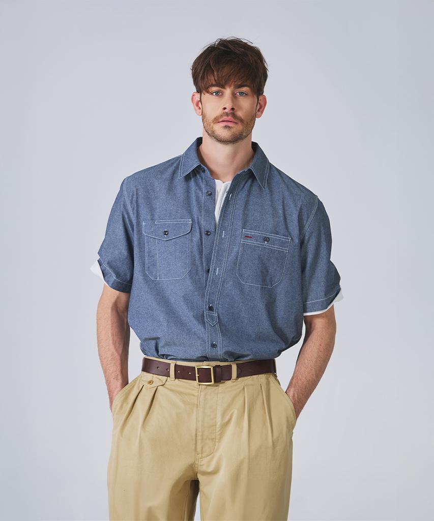Geonjiulleunseu Chambray Work Short Sleeve Shirt - Deep Blue