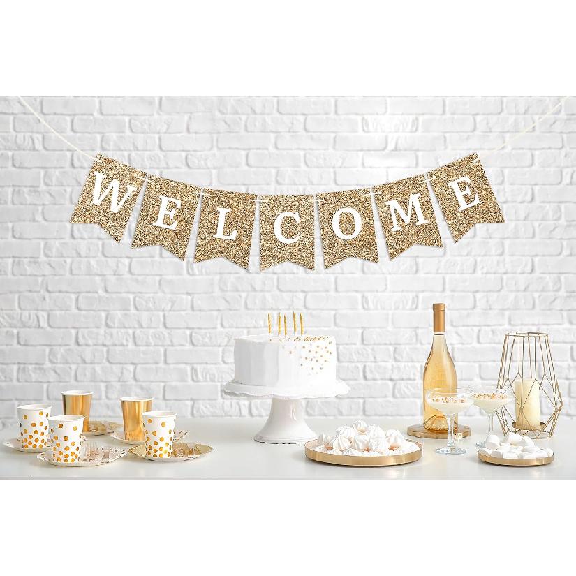 Pre-strung Welcome Banner - No DIY - Gold Glitter Welcome Banner - Pre-strung On 6 Ft Strand - Classroom, Office, Front Door, Baby & Bridal Showers