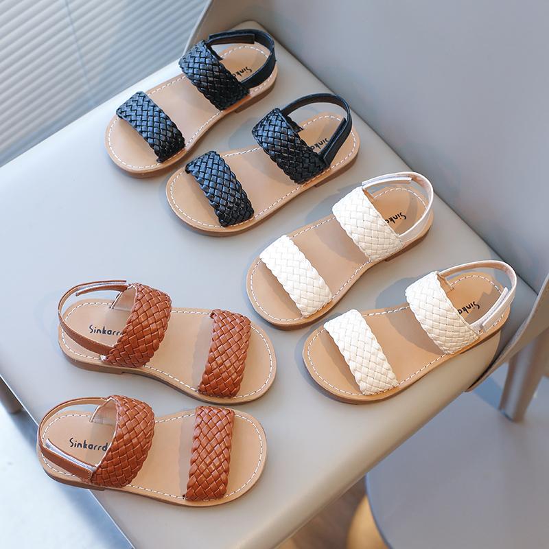 Children Clothing Yulin-001 Girls Light 'S Summer Sandals Braided Solid Color All-Match Kids Sliders Pu Leather Casual Daily Non-Slip Soft Children Shoe 21-35 Cm