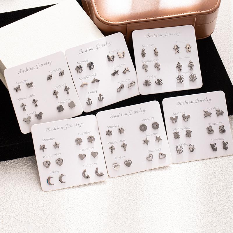 Stainless Steel Animal Love Earrings Do Not Repeat A Week Stud Earrings Set Simple Fashion Women'S Earrings Combination